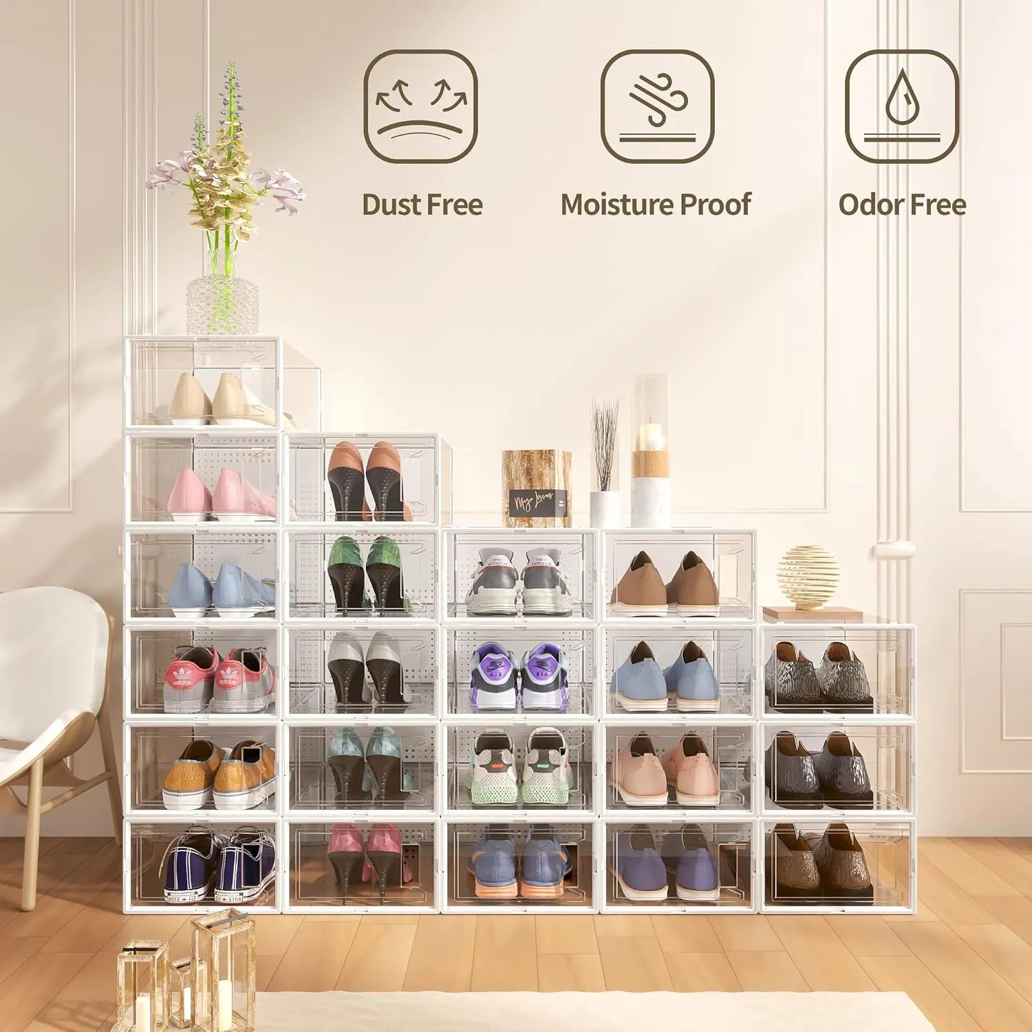 12 Pack X Large Shoe Organizer Storage Boxes for Closet, Modular Space Saving Shoe Boxes Clear Plastic Stackable Sneaker Containers Display Case with Lids, White