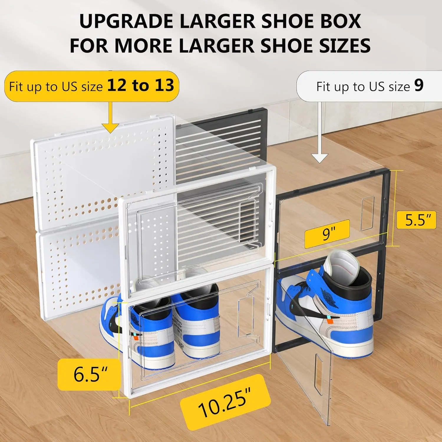 12 Pack X Large Shoe Organizer Storage Boxes for Closet, Modular Space Saving Shoe Boxes Clear Plastic Stackable Sneaker Containers Display Case with Lids, White