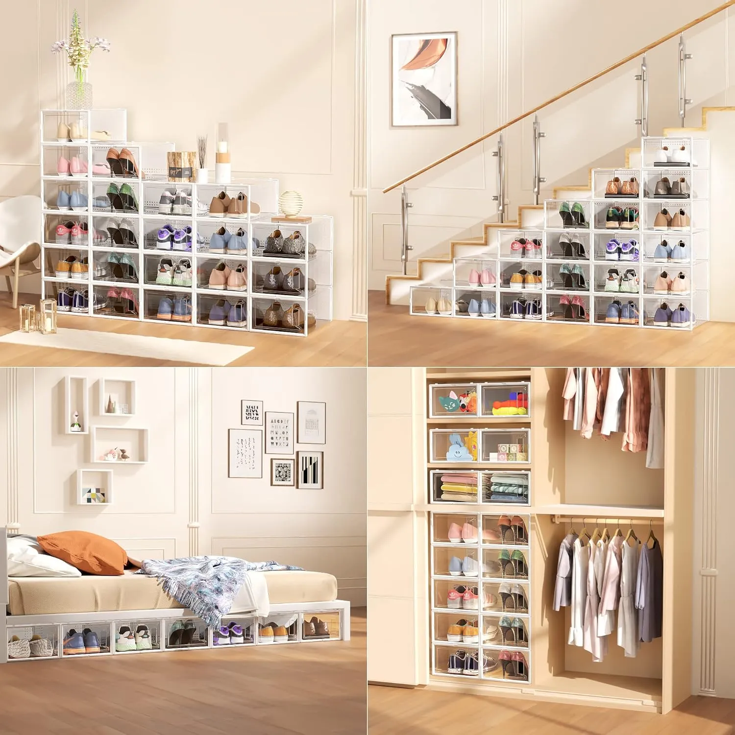 12 Pack X Large Shoe Organizer Storage Boxes for Closet, Modular Space Saving Shoe Boxes Clear Plastic Stackable Sneaker Containers Display Case with Lids, White