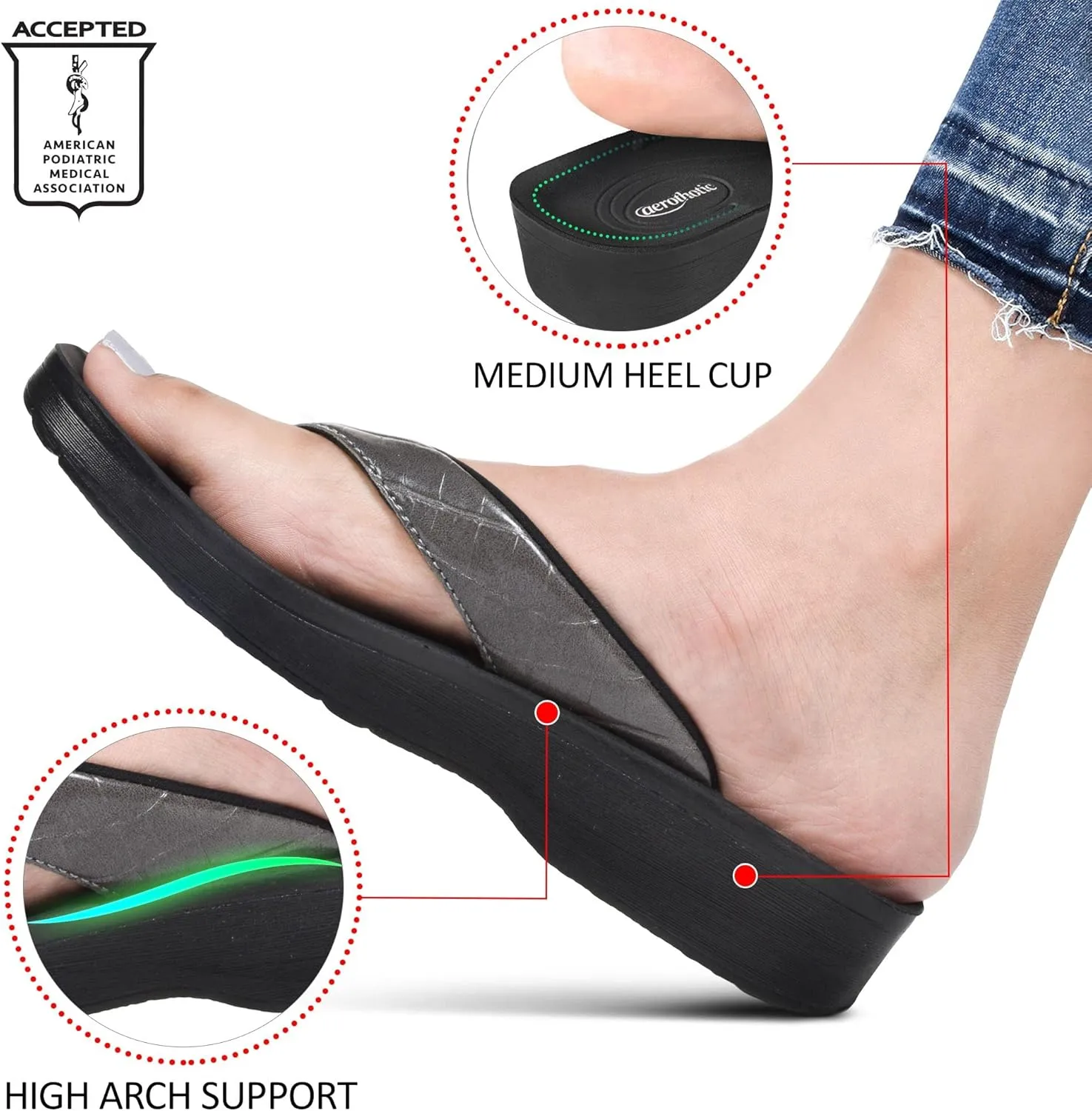 AEROTHOTIC Arch Support Flip Flops for women Stylish Cushioned Padded Straps with Soft Toe Post Slip on Footwear Dressy Travel Recovery Outdoor Comfortable Walking Women Sandals