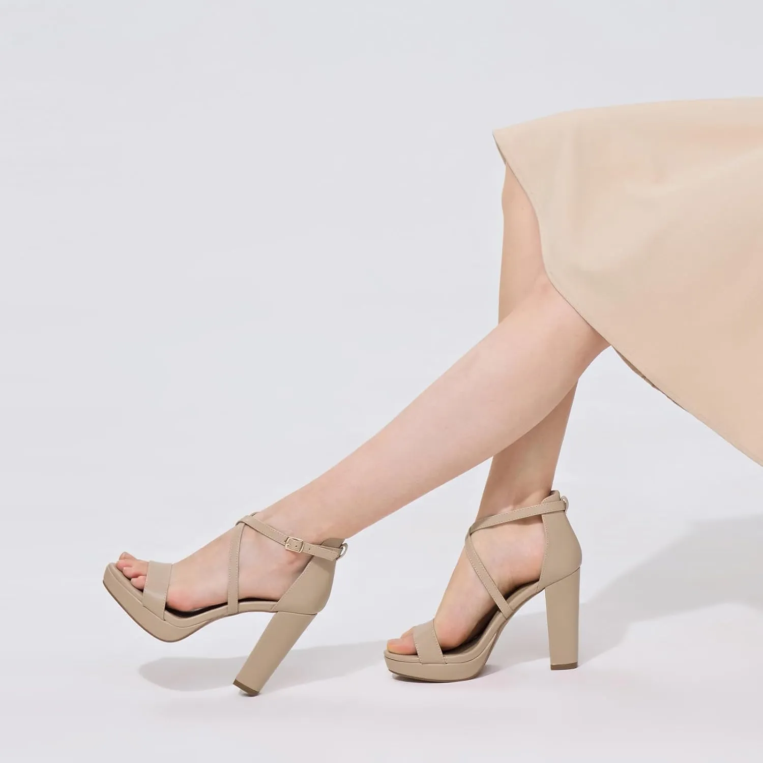 ALICEPUB 4Inch Platform Heels Chunky Block High Heels Strappy Heels Open Toe Heeled Sandals Comfortable Dressy Shoes for Women Wedding