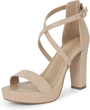 ALICEPUB 4Inch Platform Heels Chunky Block High Heels Strappy Heels Open Toe Heeled Sandals Comfortable Dressy Shoes for Women Wedding