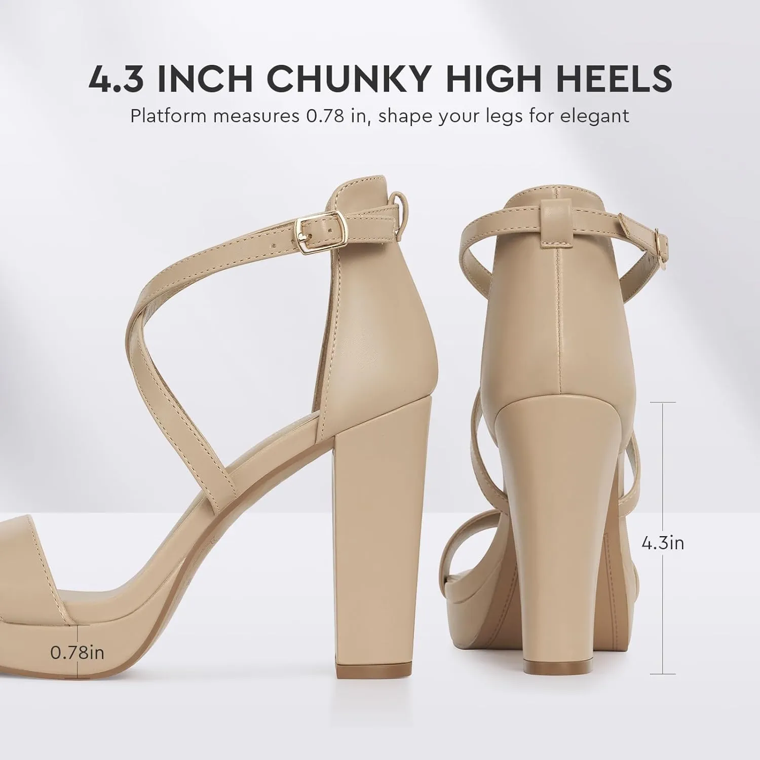ALICEPUB 4Inch Platform Heels Chunky Block High Heels Strappy Heels Open Toe Heeled Sandals Comfortable Dressy Shoes for Women Wedding