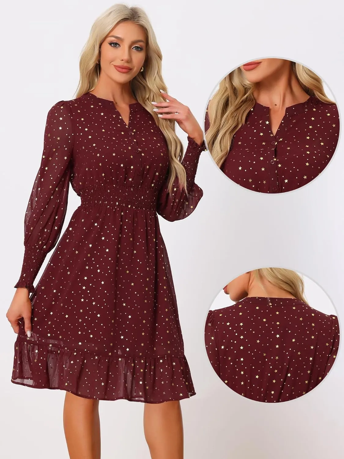 Allegra K Metallic Star Dress for Women's Halloween V Neck Button Up Smocked Chiffon Dresses