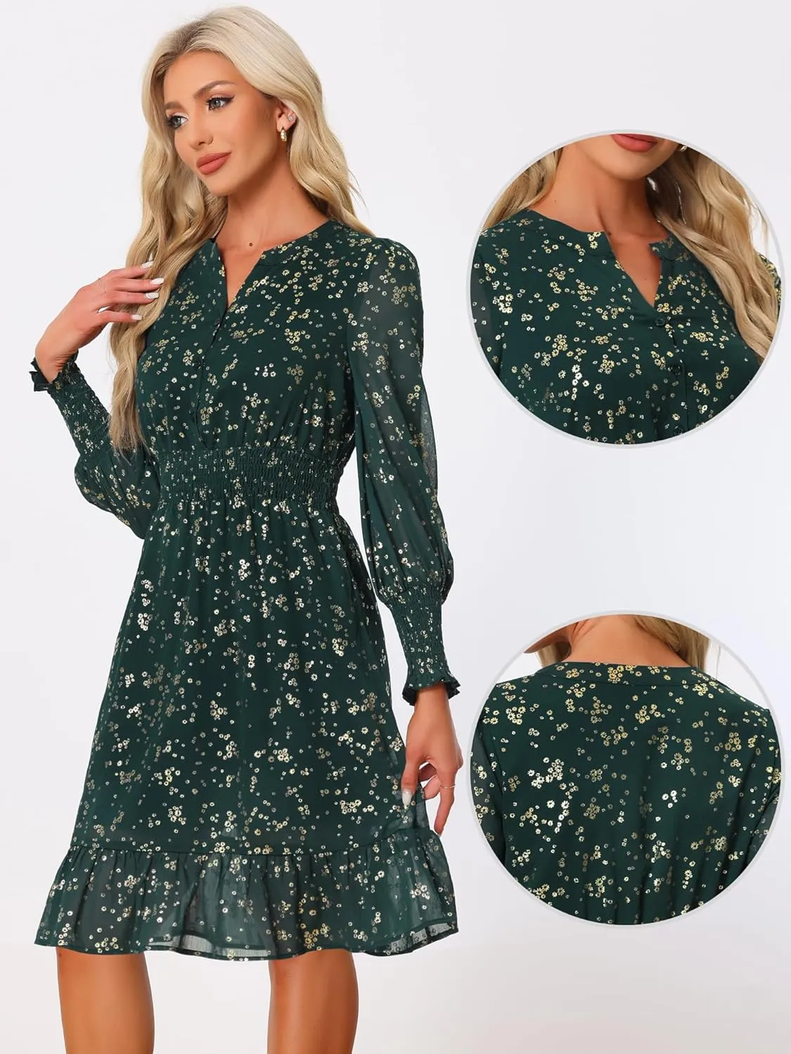 Allegra K Metallic Star Dress for Women's Halloween V Neck Button Up Smocked Chiffon Dresses