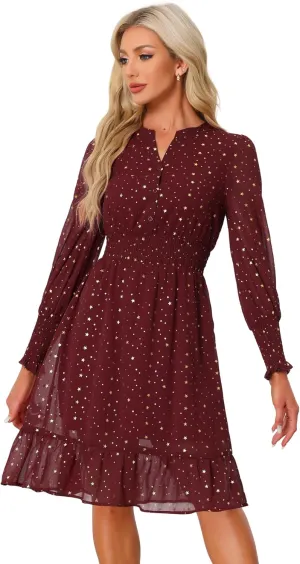 Allegra K Metallic Star Dress for Women's Halloween V Neck Button Up Smocked Chiffon Dresses