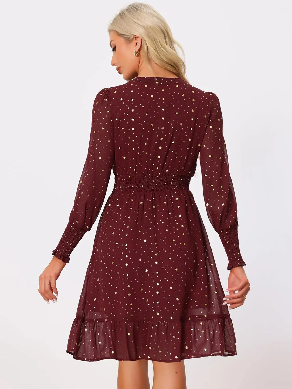Allegra K Metallic Star Dress for Women's Halloween V Neck Button Up Smocked Chiffon Dresses