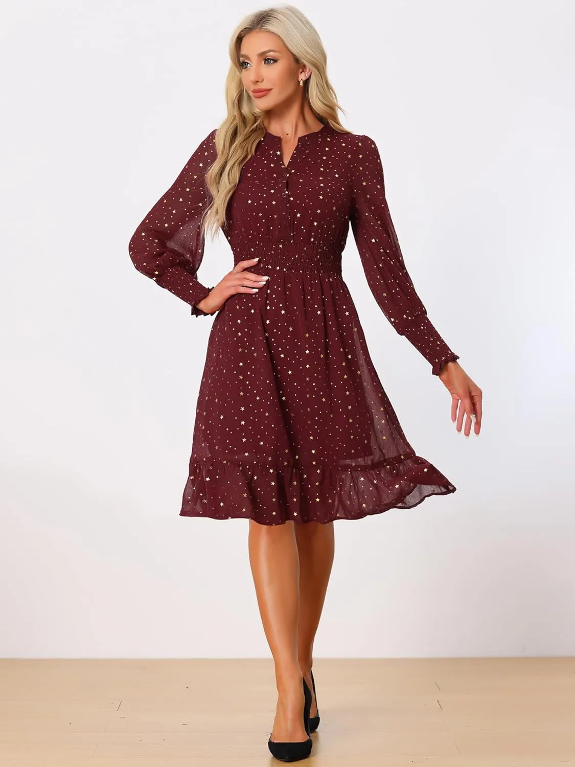 Allegra K Metallic Star Dress for Women's Halloween V Neck Button Up Smocked Chiffon Dresses