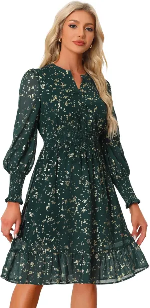 Allegra K Metallic Star Dress for Women's Halloween V Neck Button Up Smocked Chiffon Dresses