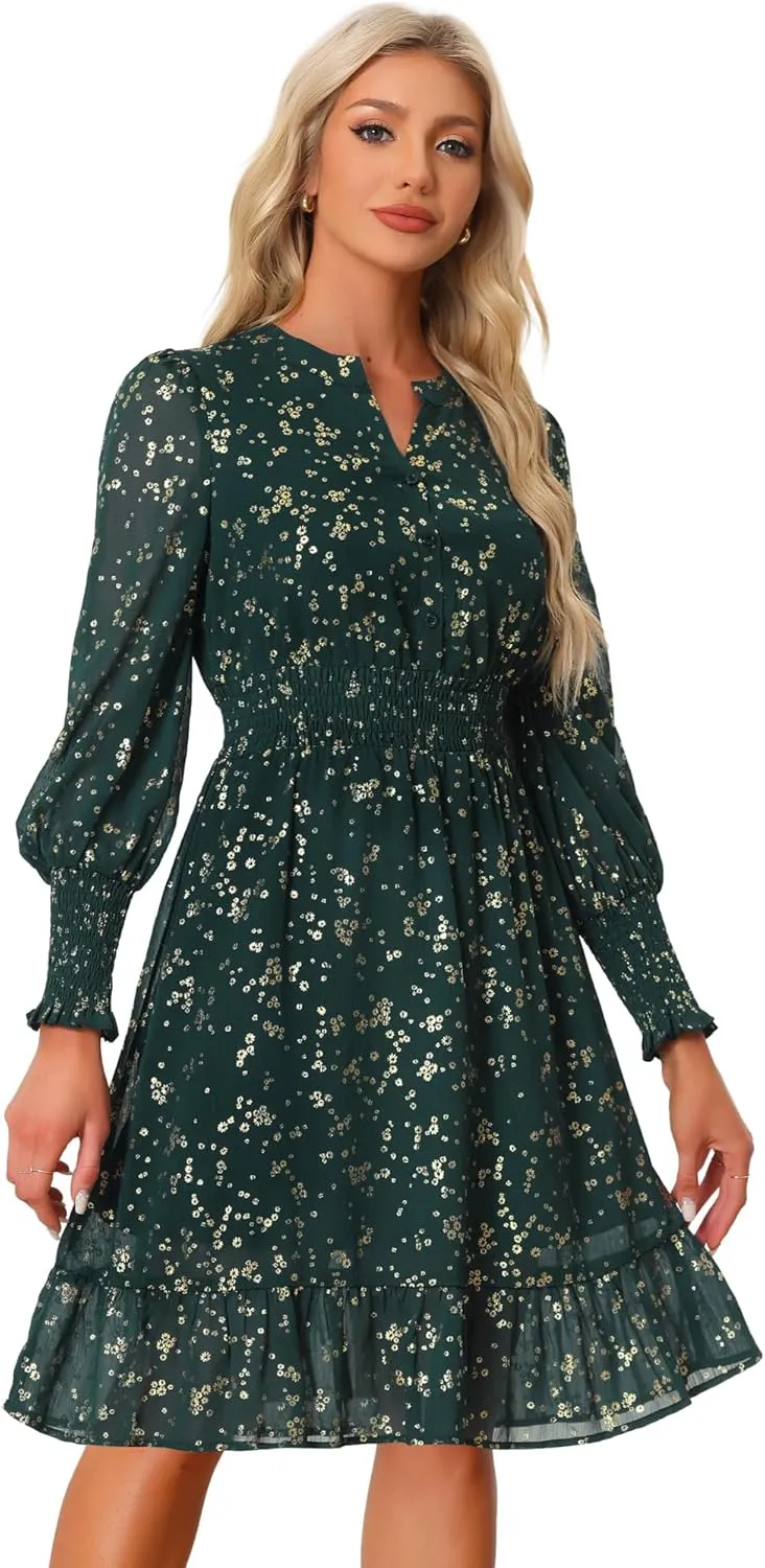 Allegra K Metallic Star Dress for Women's Halloween V Neck Button Up Smocked Chiffon Dresses