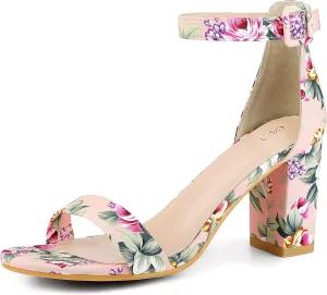 Allegra K Women's Floral Print Open Toe Block High Heels Summer Sandals