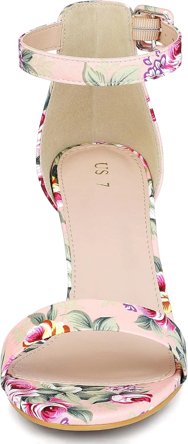 Allegra K Women's Floral Print Open Toe Block High Heels Summer Sandals