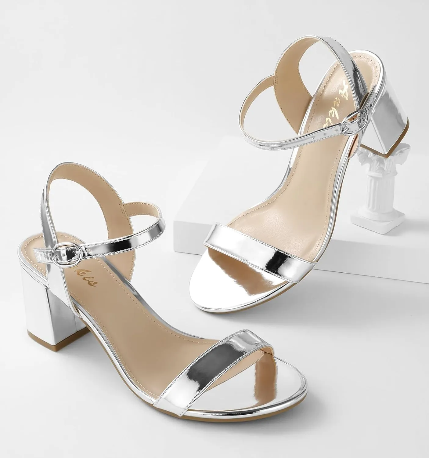 Ankis Nude Black Heels, 2.5'' Block Chunky White Clear Silver Heel Dressy Open Toe Heels For Women Ankle Strap Low Short Thick Strappy Dress Comfortable Sandal Casual Party Wedding Event Summer Shoes