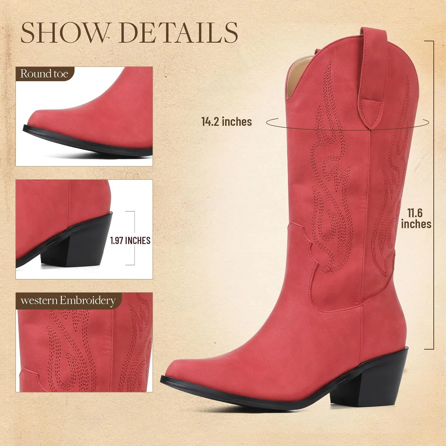 AOSPHIRAYLIAN Cowboy Boots for Women Retro Pointed Toe Pull On Block Chunky Heel Glitter Sparkly Metallic Embroidecamel Country Concert Outfits Calf Western Cowgirl Boots