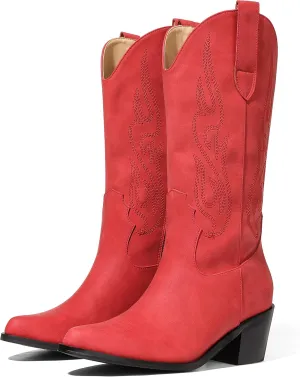 AOSPHIRAYLIAN Cowboy Boots for Women Retro Pointed Toe Pull On Block Chunky Heel Glitter Sparkly Metallic Embroidecamel Country Concert Outfits Calf Western Cowgirl Boots