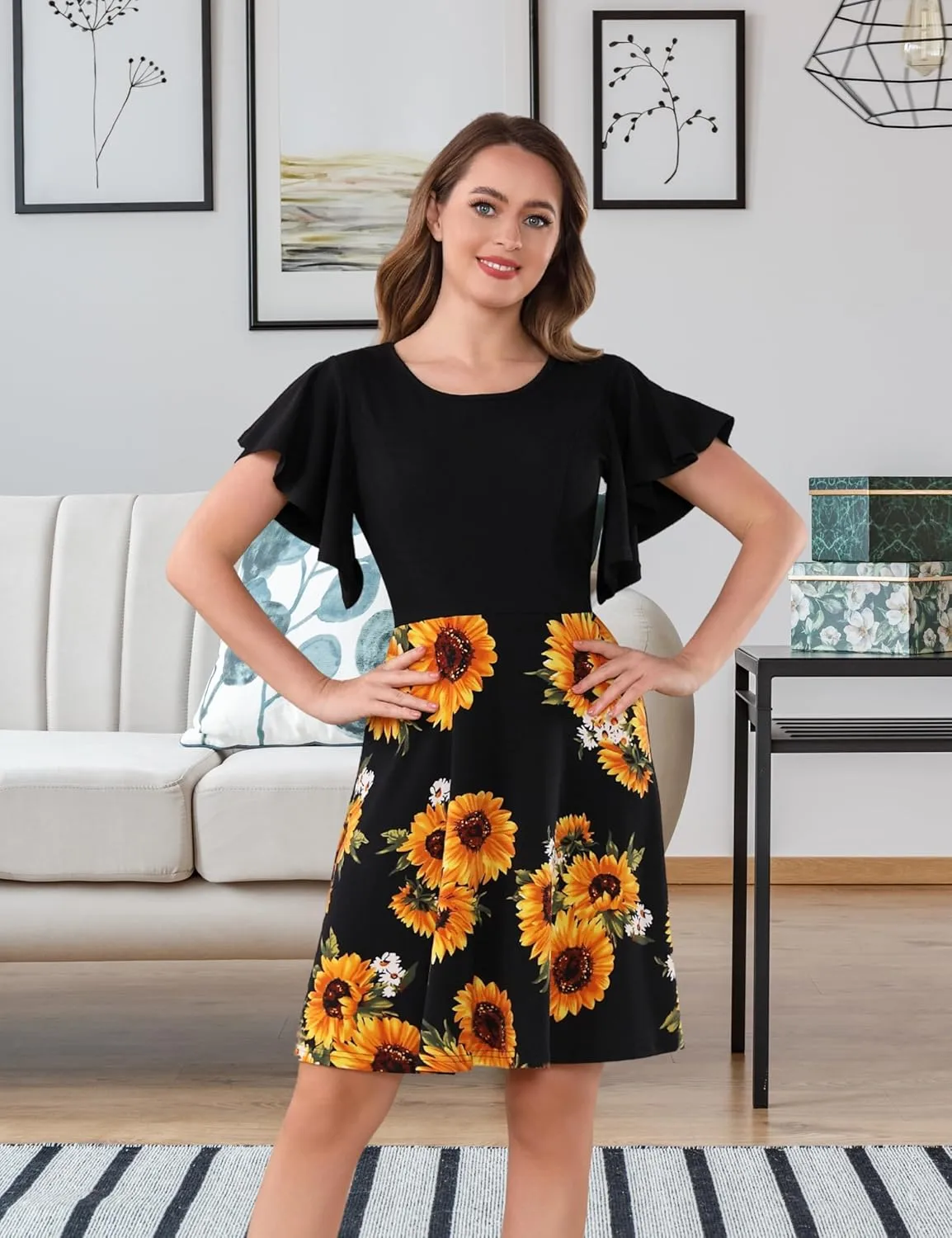 Aphratti Women’s Casual Short Summer Dresses Flutter Sleeve Crew Neck Modest Fit and Flare A Line Dress