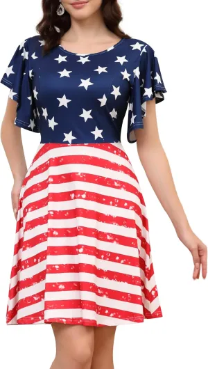 Aphratti Women’s Casual Short Summer Dresses Flutter Sleeve Crew Neck Modest Fit and Flare A Line Dress