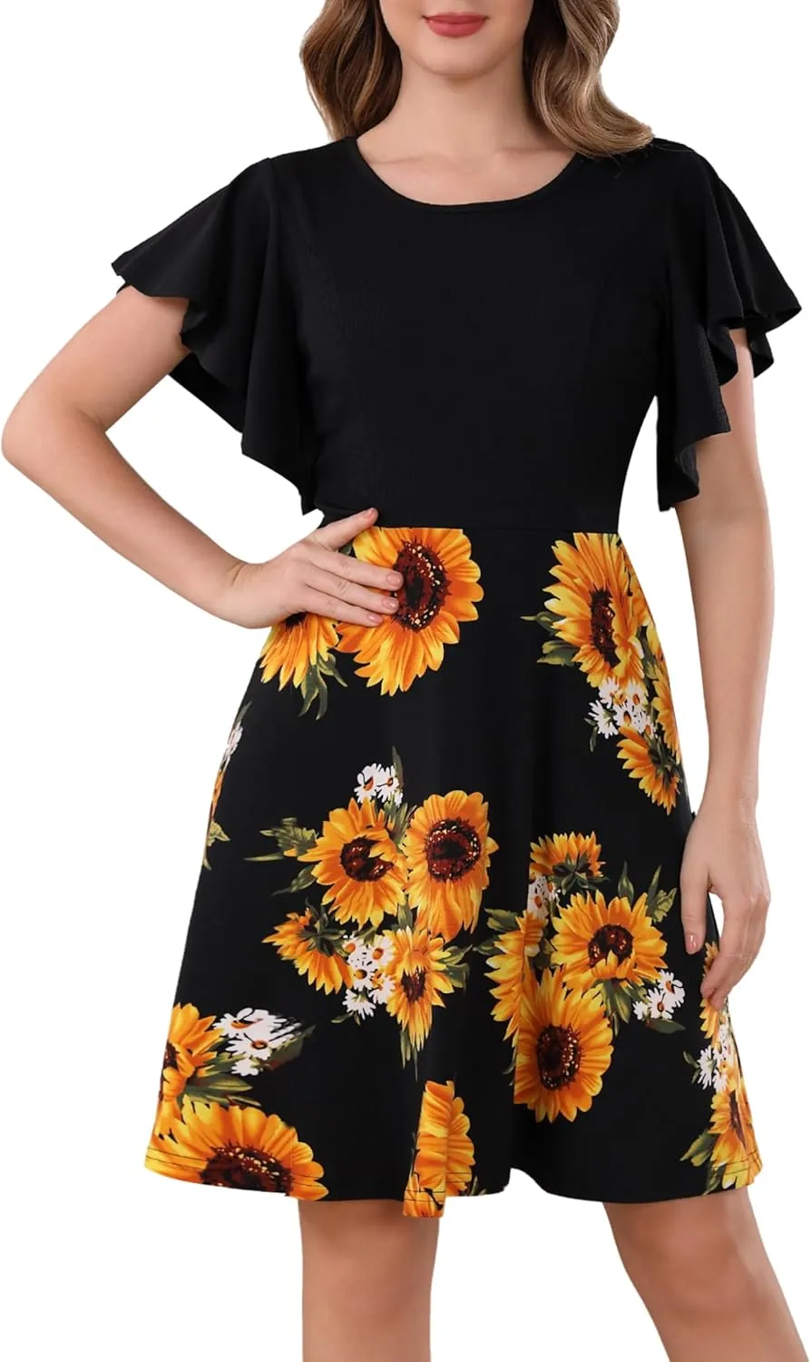 Aphratti Women’s Casual Short Summer Dresses Flutter Sleeve Crew Neck Modest Fit and Flare A Line Dress