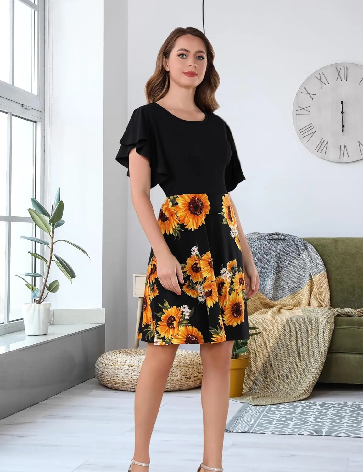 Aphratti Women’s Casual Short Summer Dresses Flutter Sleeve Crew Neck Modest Fit and Flare A Line Dress