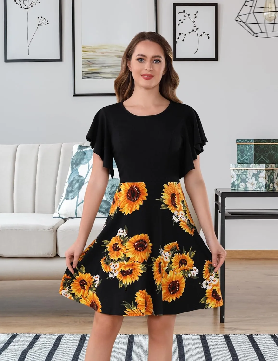 Aphratti Women’s Casual Short Summer Dresses Flutter Sleeve Crew Neck Modest Fit and Flare A Line Dress