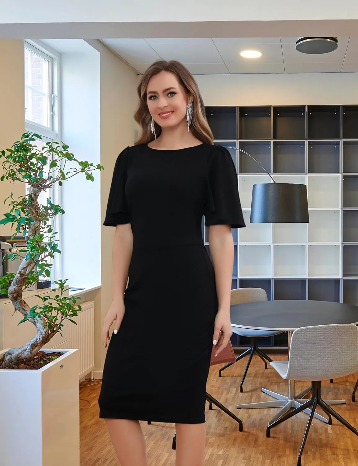 Aphratti Women's Short Sleeve Work Sheath Midi Dress Elegant Fitted Cocktail Party Church Funeral Outfit