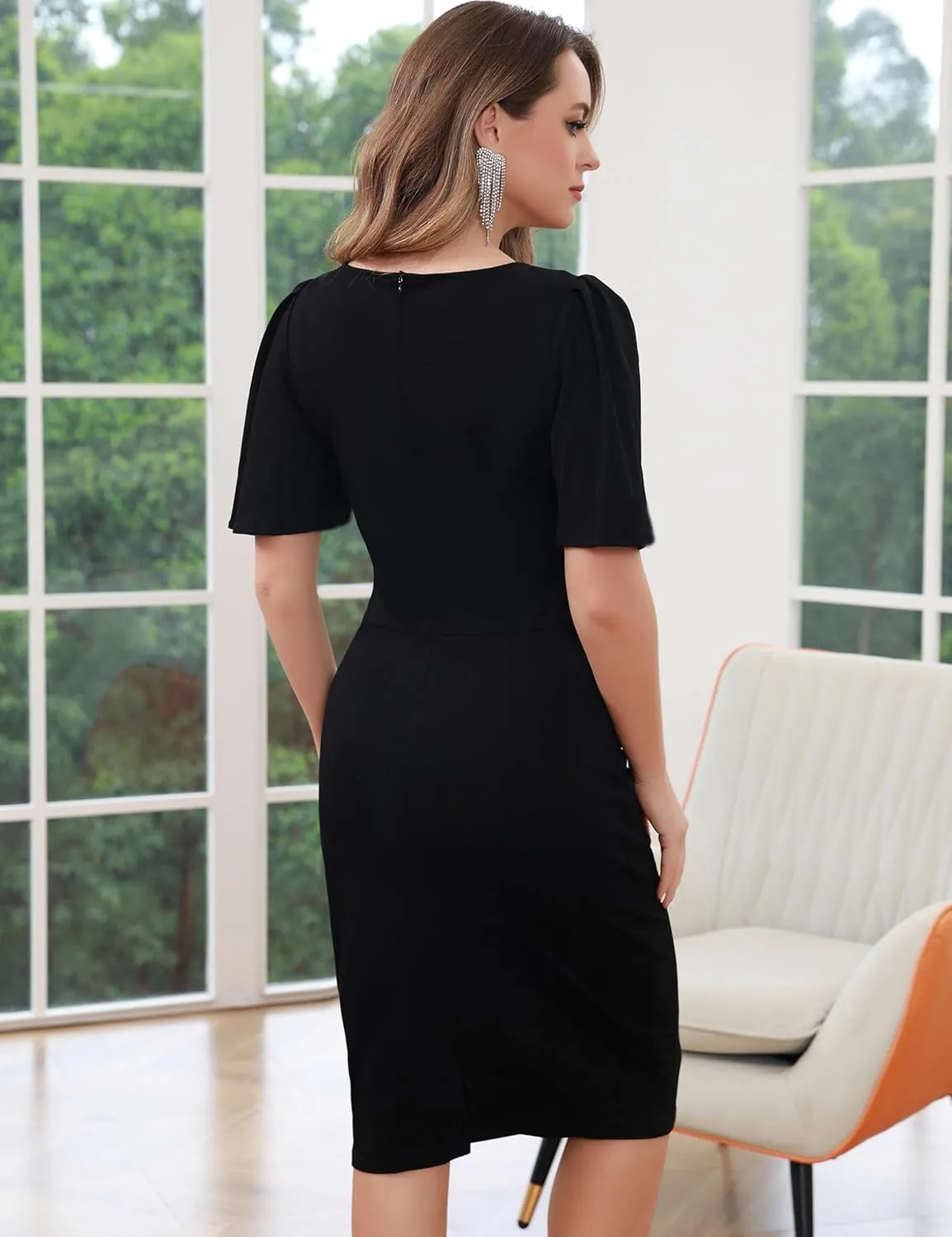 Aphratti Women's Short Sleeve Work Sheath Midi Dress Elegant Fitted Cocktail Party Church Funeral Outfit