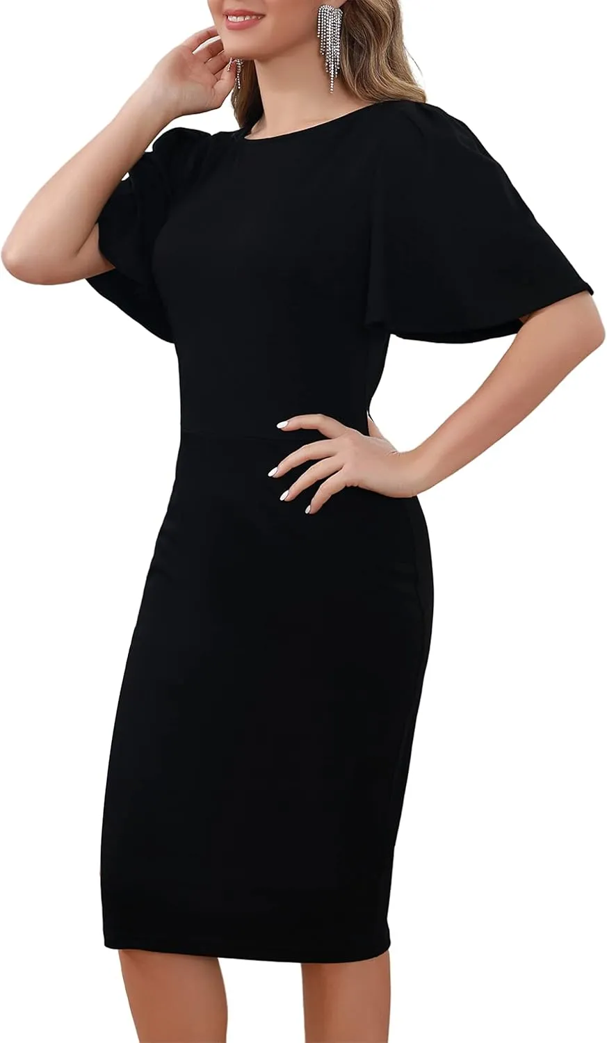 Aphratti Women's Short Sleeve Work Sheath Midi Dress Elegant Fitted Cocktail Party Church Funeral Outfit