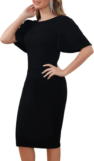 Aphratti Women's Short Sleeve Work Sheath Midi Dress Elegant Fitted Cocktail Party Church Funeral Outfit