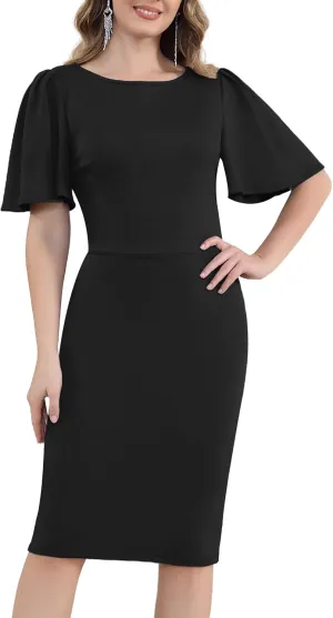 Aphratti Women's Short Sleeve Work Sheath Midi Dress Elegant Fitted Cocktail Party Church Funeral Outfit