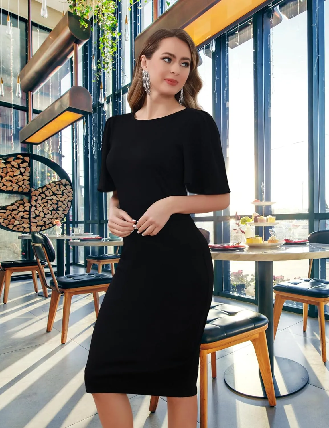 Aphratti Women's Short Sleeve Work Sheath Midi Dress Elegant Fitted Cocktail Party Church Funeral Outfit