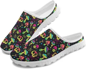 Art Skull Design Women Mesh Mules Memory Foam Flat Anti-Slip Fashion Sneakers Comfortable Slip-On Mule Garden Shoes