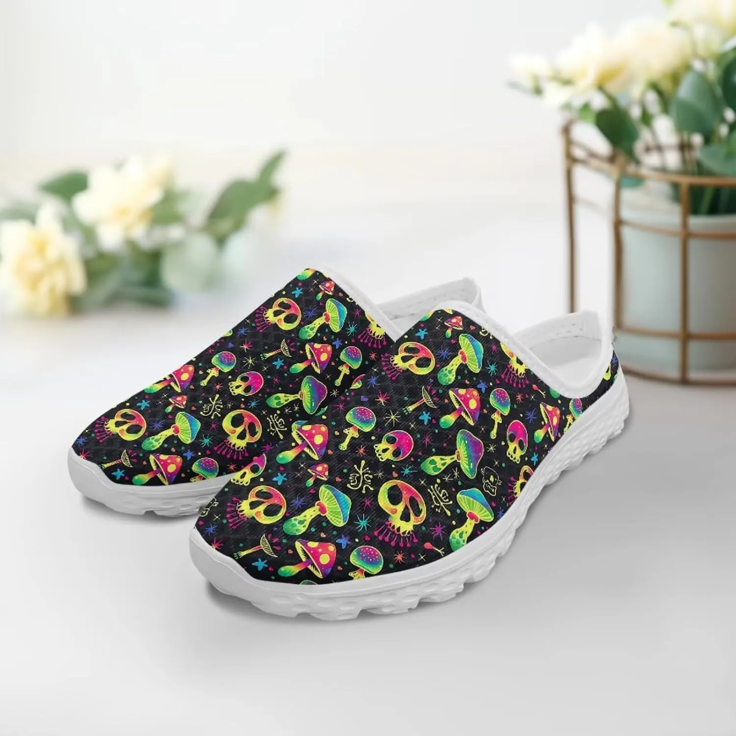 Art Skull Design Women Mesh Mules Memory Foam Flat Anti-Slip Fashion Sneakers Comfortable Slip-On Mule Garden Shoes