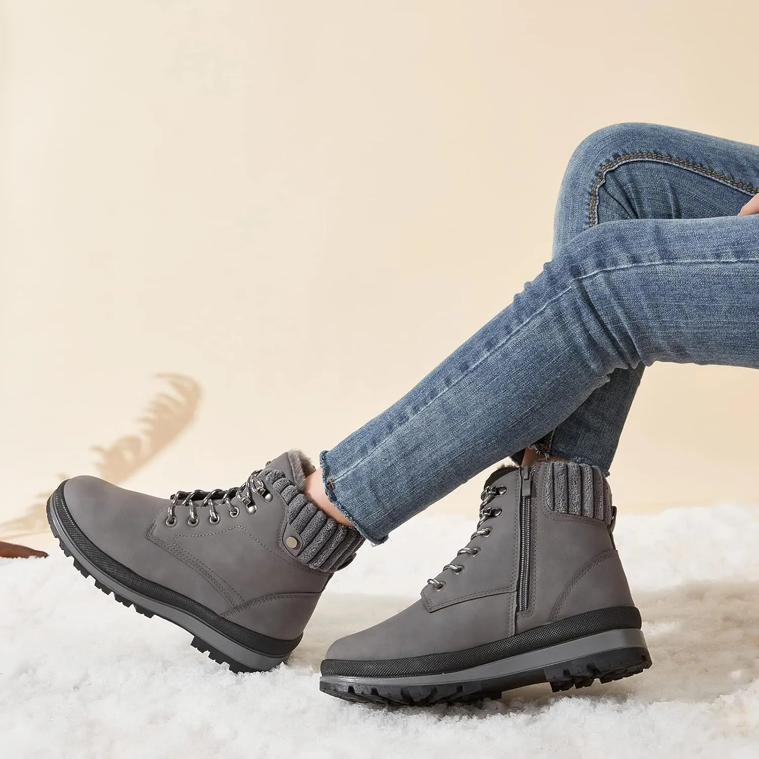 BABUDOG Womens Waterproof Ankle Boots for Outdoor (Non Slip Outsole),Fashion Combat Boots with Side Zipper,Warm Fur Lined Winter Snow Boots