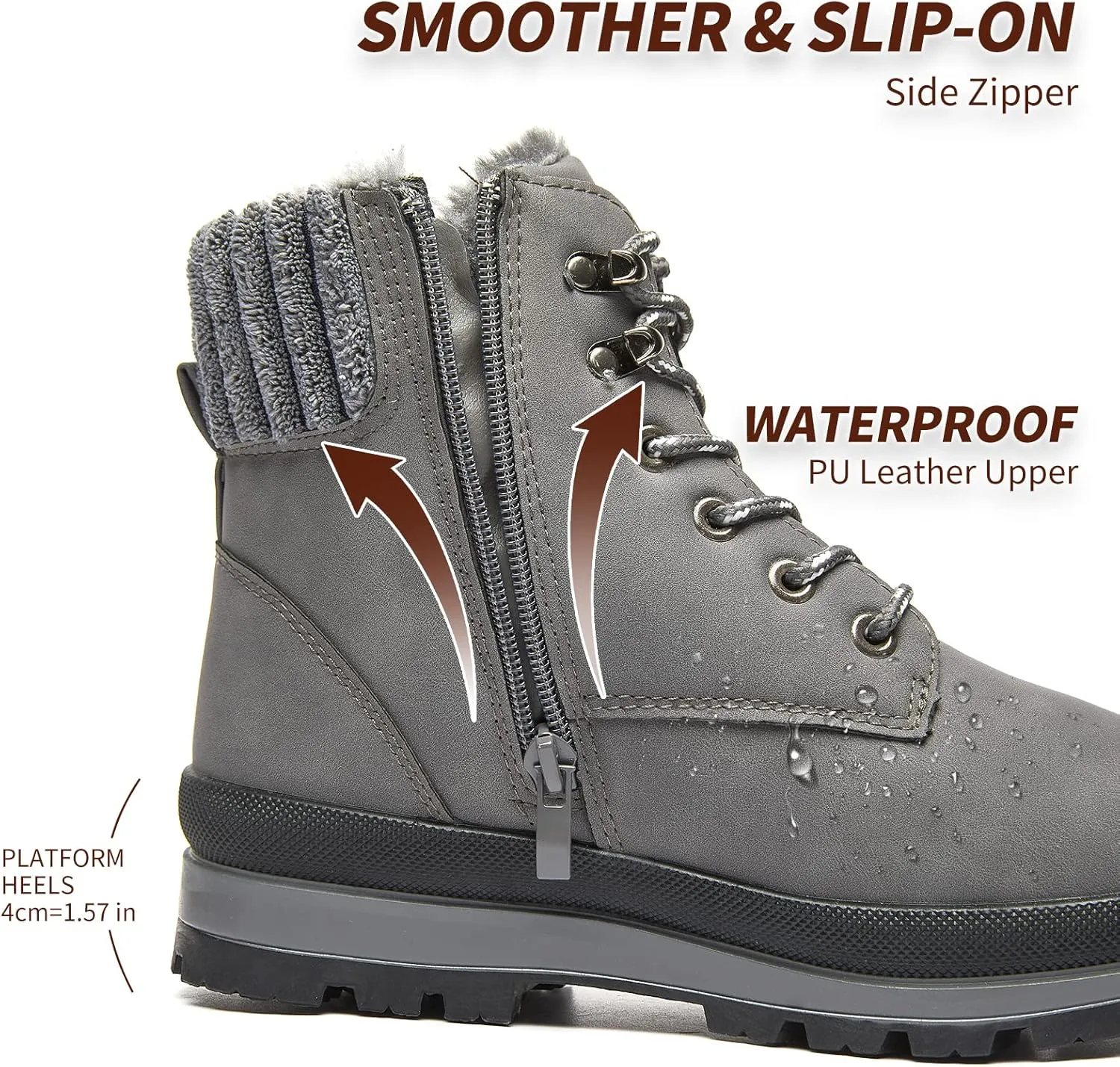 BABUDOG Womens Waterproof Ankle Boots for Outdoor (Non Slip Outsole),Fashion Combat Boots with Side Zipper,Warm Fur Lined Winter Snow Boots