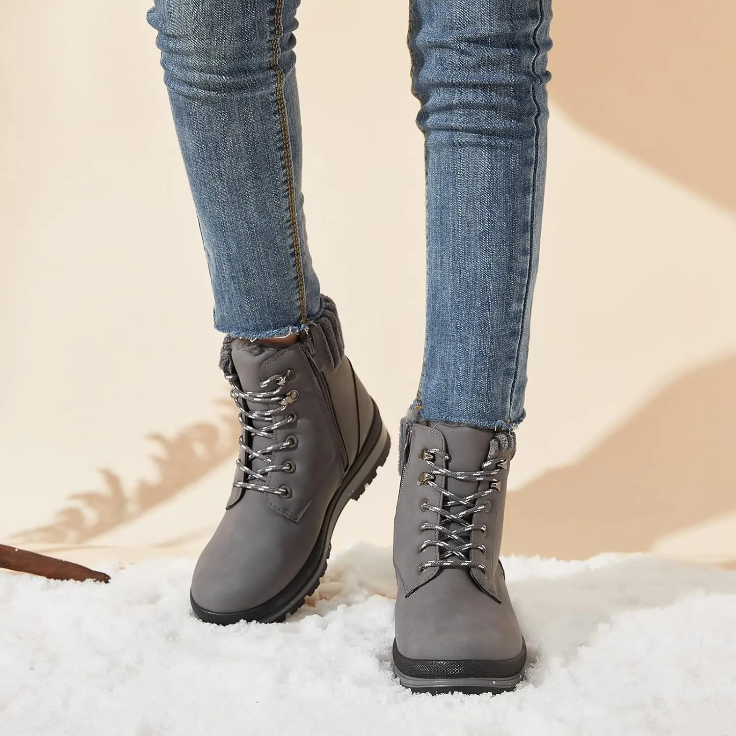 BABUDOG Womens Waterproof Ankle Boots for Outdoor (Non Slip Outsole),Fashion Combat Boots with Side Zipper,Warm Fur Lined Winter Snow Boots