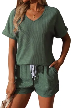 BARASA Women 2 Piece Outfits Sets Summer Casual Waffle Knit Set V Neck Top & Elastic Waist Shorts with Pockets D668