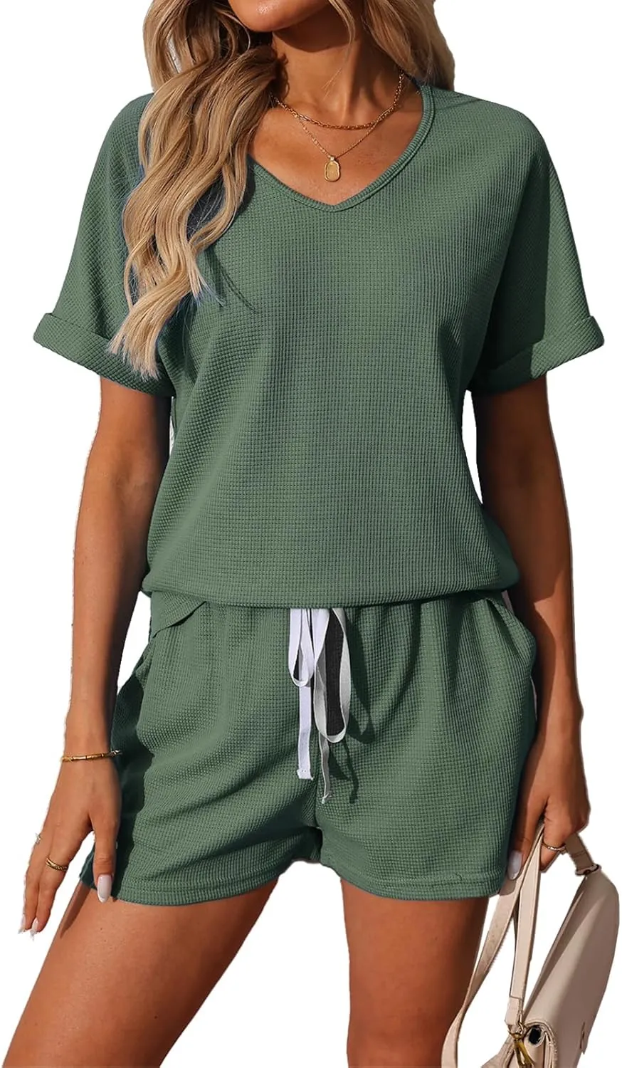 BARASA Women 2 Piece Outfits Sets Summer Casual Waffle Knit Set V Neck Top & Elastic Waist Shorts with Pockets D668