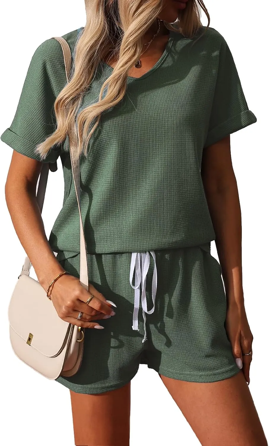 BARASA Women 2 Piece Outfits Sets Summer Casual Waffle Knit Set V Neck Top & Elastic Waist Shorts with Pockets D668