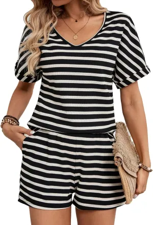 BARASA Women 2 Piece Outfits Sets Summer Casual Waffle Knit Set V Neck Top Elastic Waist Shorts with Pockets D668