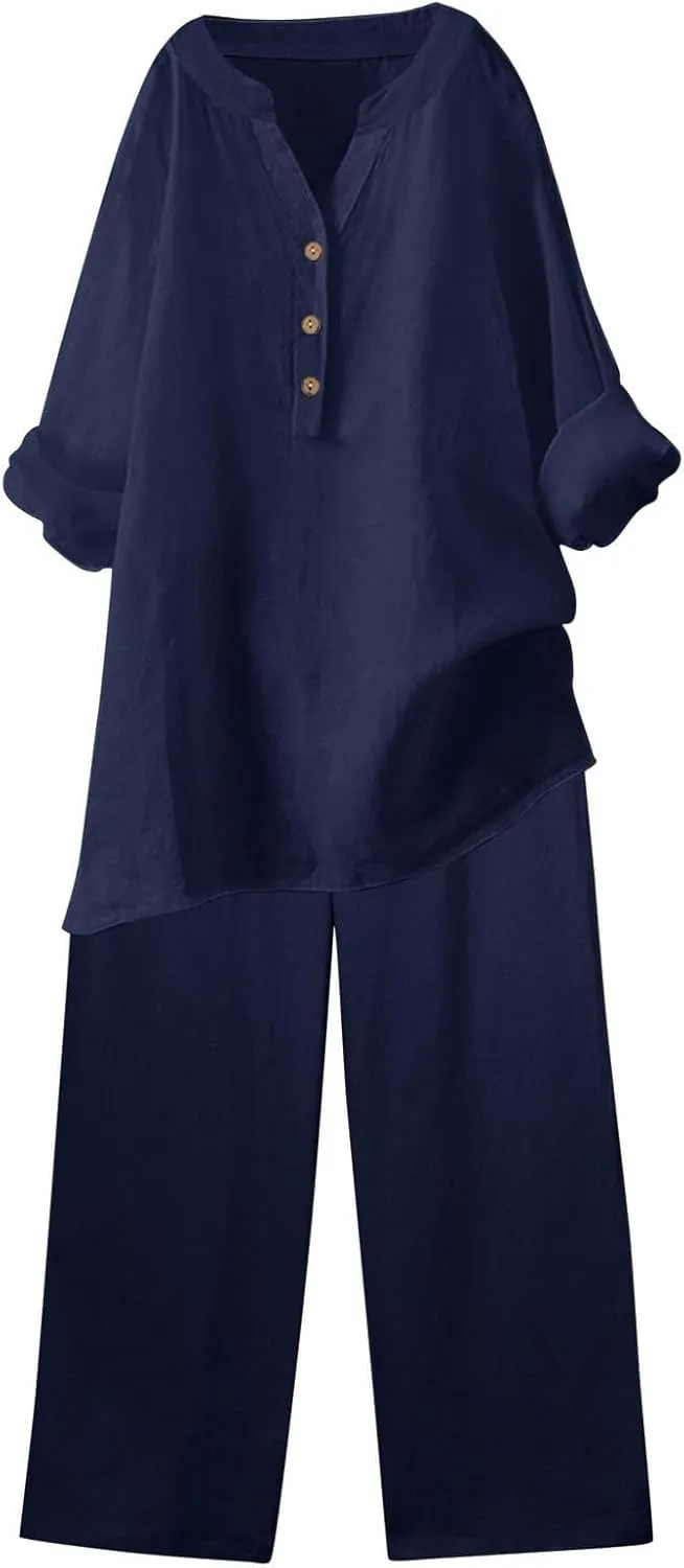 Beach Vacation Clothes for Women Summer Linen Matching 2 Piece Sets Casual Loose Oversized Drawstring Pants Outfits