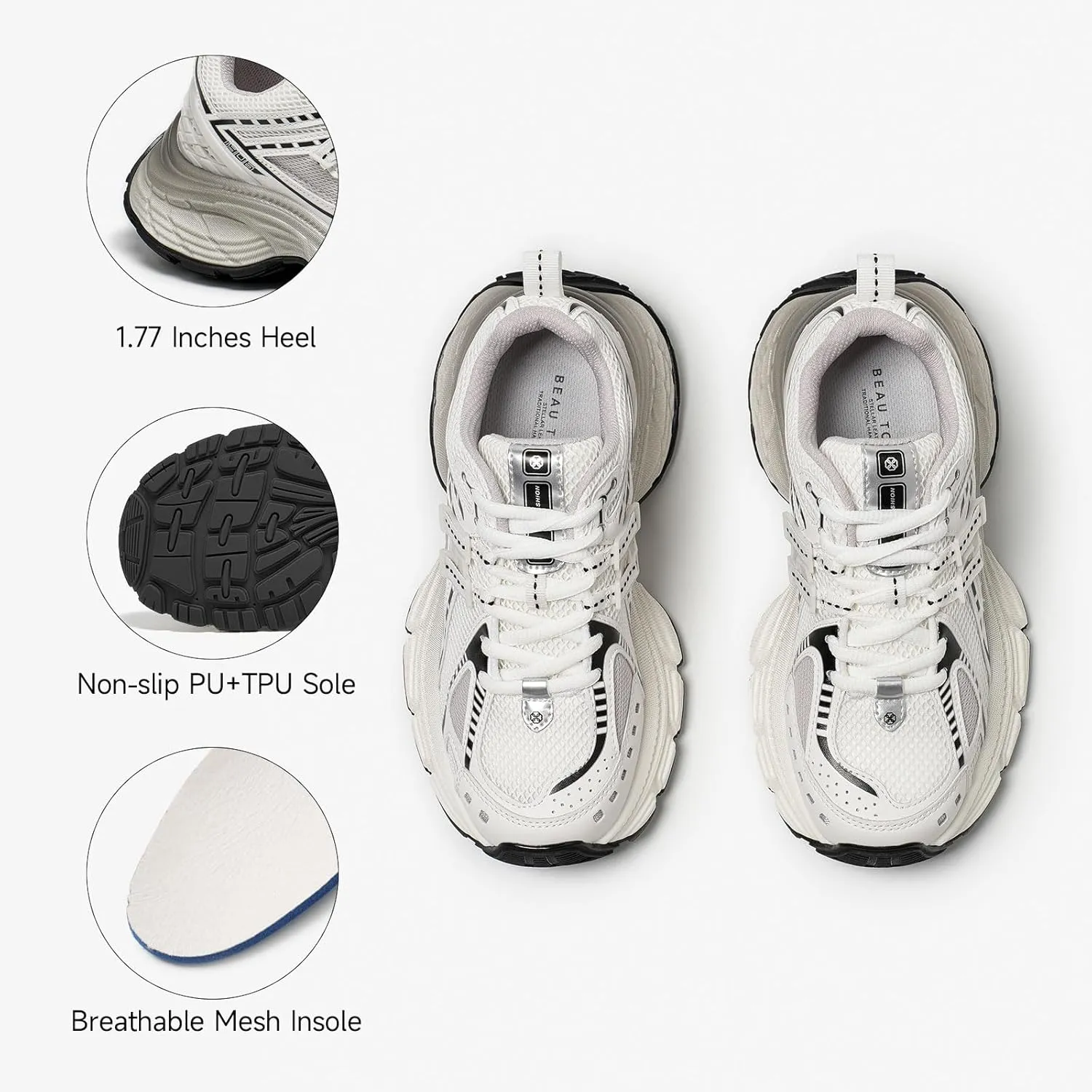 BEAU TODAY Chunky Sneakers for Women, Womens Fashion Sneakers, Lightweight Leather Sneakers for Women, Comfortable Casual Lace-Up Breathable Dad Shoes