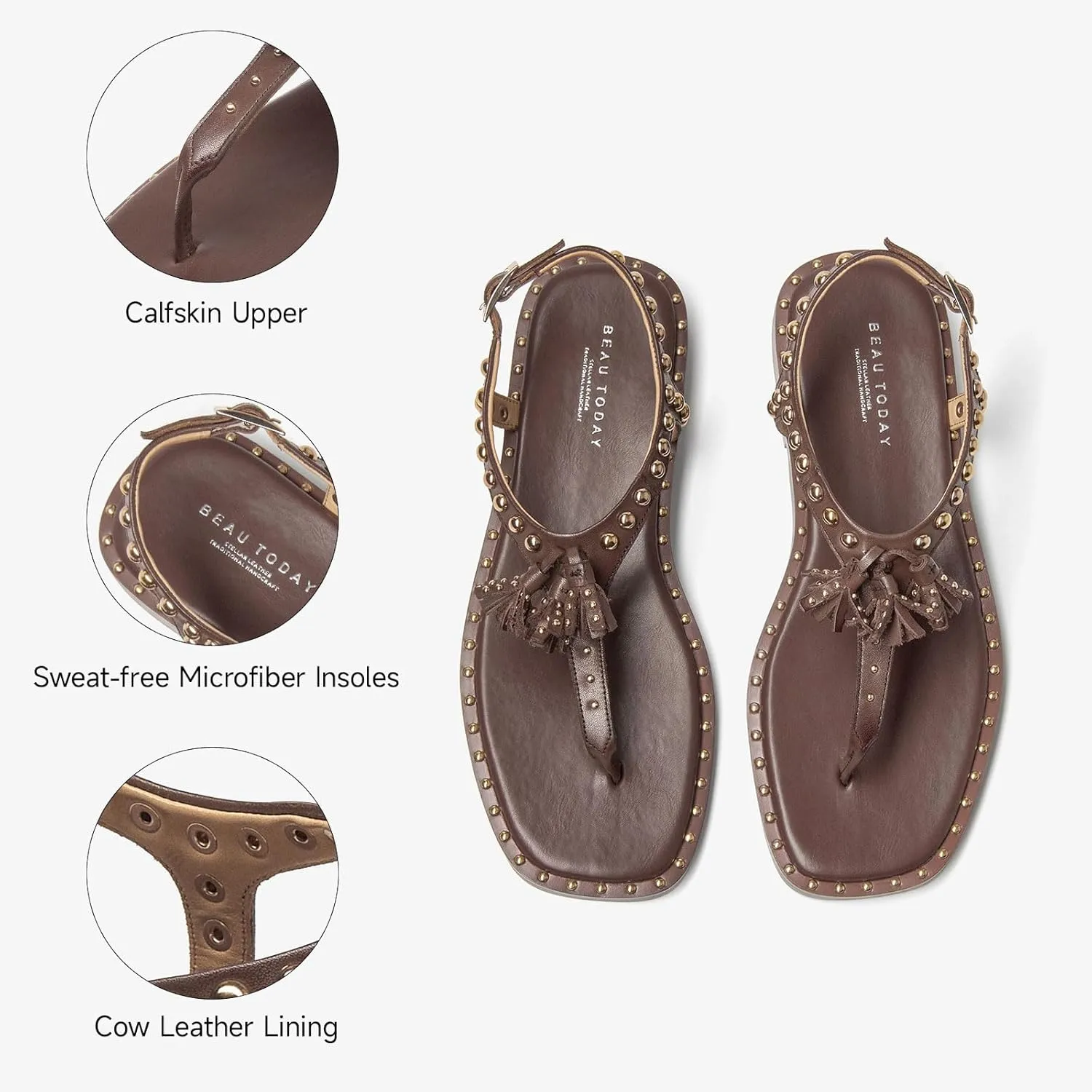 BEAU TODAY Women’s Sandals Shoes, Thong Flat Sandals for Women, Leather Summer Beach Shoes, Comfortable Dressy Casual Sandals with T-Strap and Adjustable Ankle Buckle