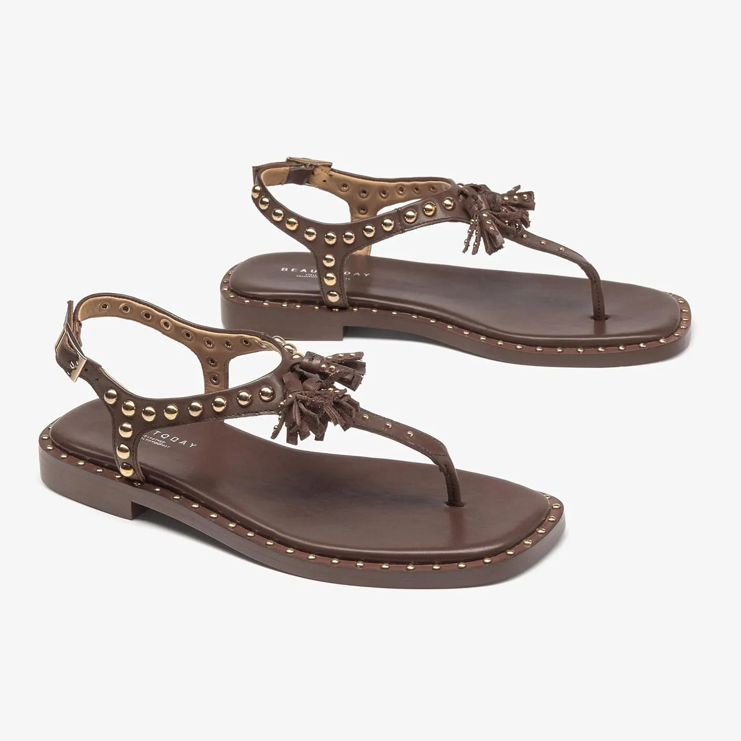BEAU TODAY Women’s Sandals Shoes, Thong Flat Sandals for Women, Leather Summer Beach Shoes, Comfortable Dressy Casual Sandals with T-Strap and Adjustable Ankle Buckle