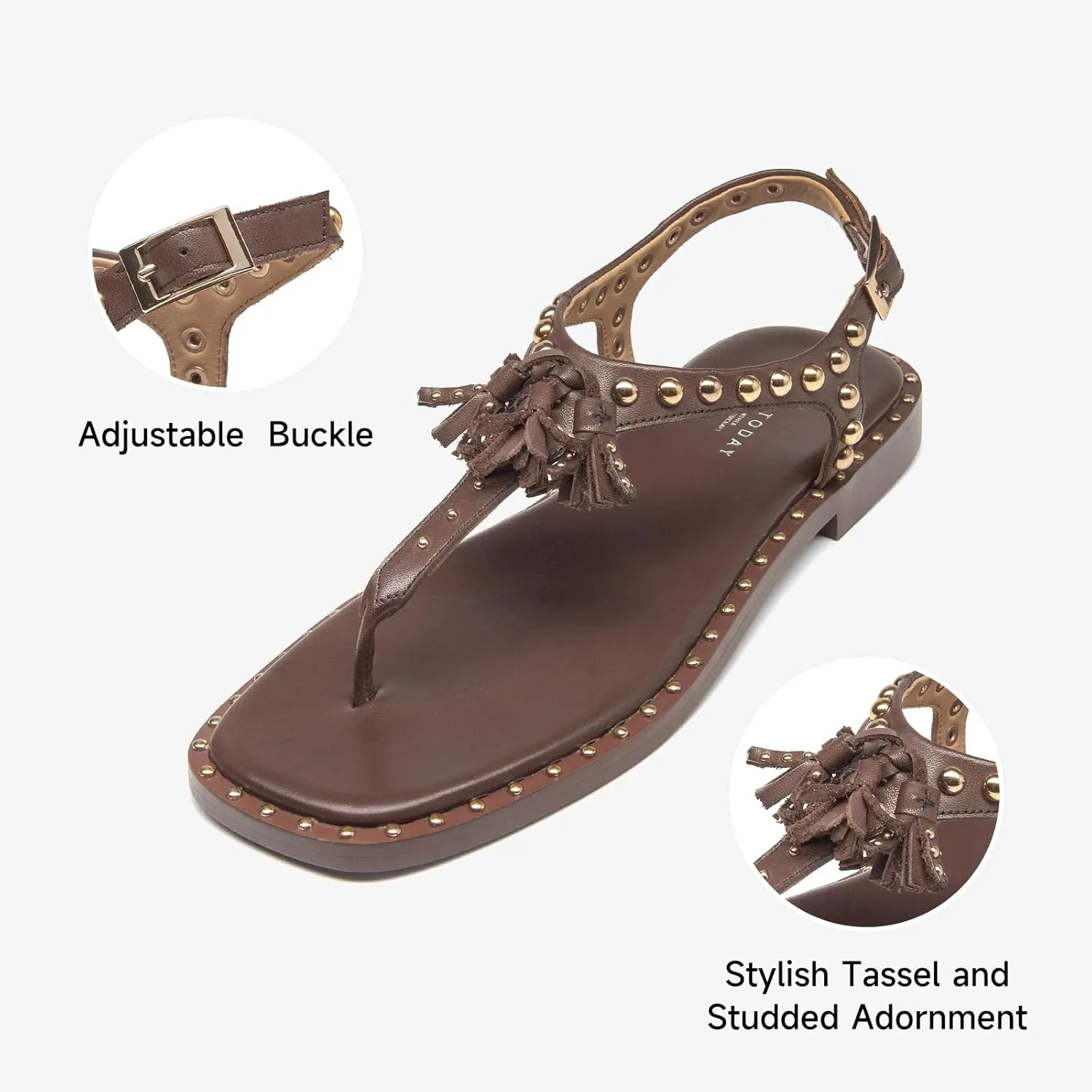 BEAU TODAY Women’s Sandals Shoes, Thong Flat Sandals for Women, Leather Summer Beach Shoes, Comfortable Dressy Casual Sandals with T-Strap and Adjustable Ankle Buckle
