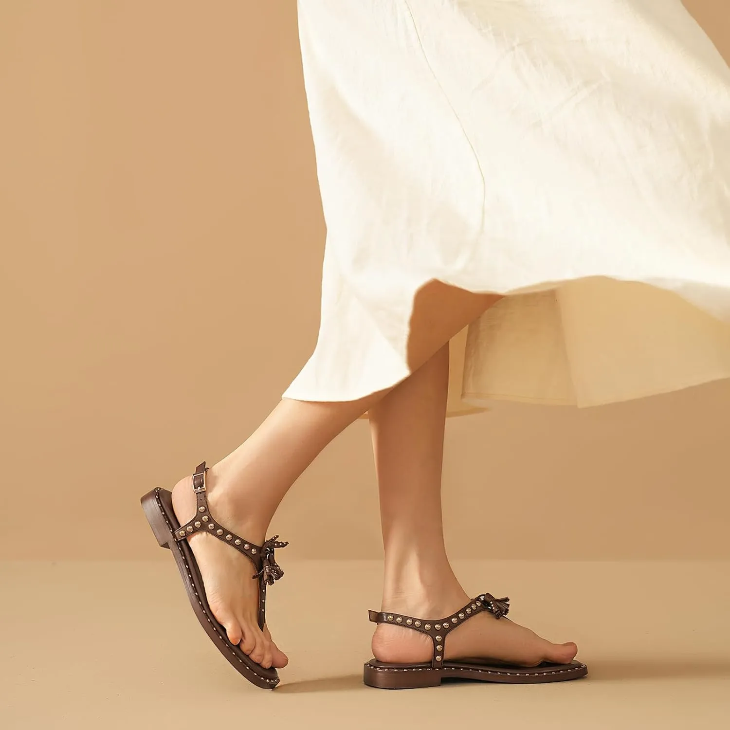 BEAU TODAY Women’s Sandals Shoes, Thong Flat Sandals for Women, Leather Summer Beach Shoes, Comfortable Dressy Casual Sandals with T-Strap and Adjustable Ankle Buckle