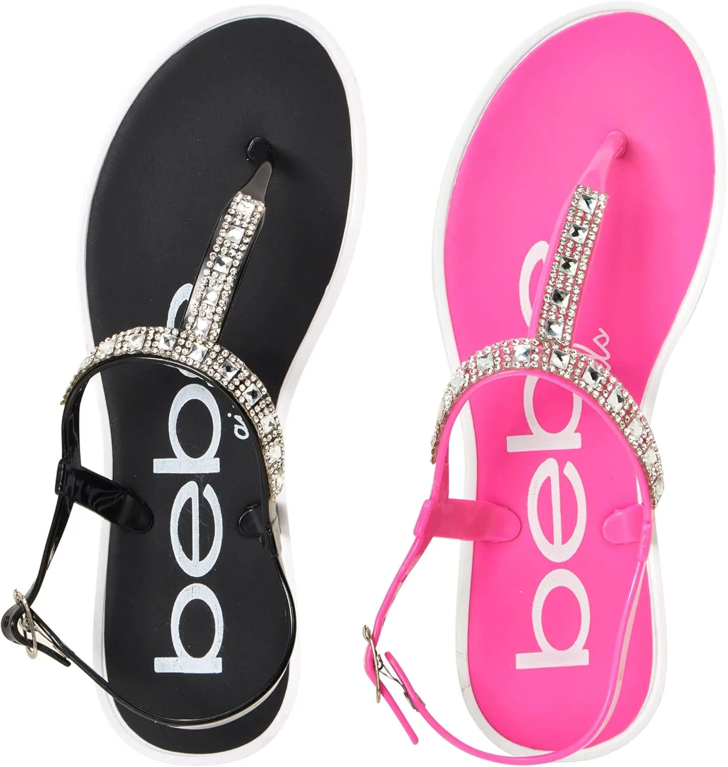 bebe Girls' Sandals - 2 Pack Open Toe Summer Flat Dress Thong T-Strap Sandals with Adjustable Ankle Strap and Cushioned Sole