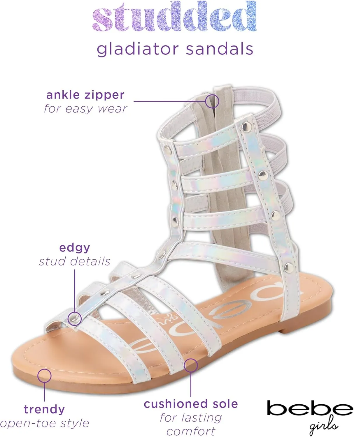 bebe Girls' Sandals - Open Toe Lightweight Summer Strappy Flat Gladiator Sandals with Ankle Zipper and Cushioned Sole