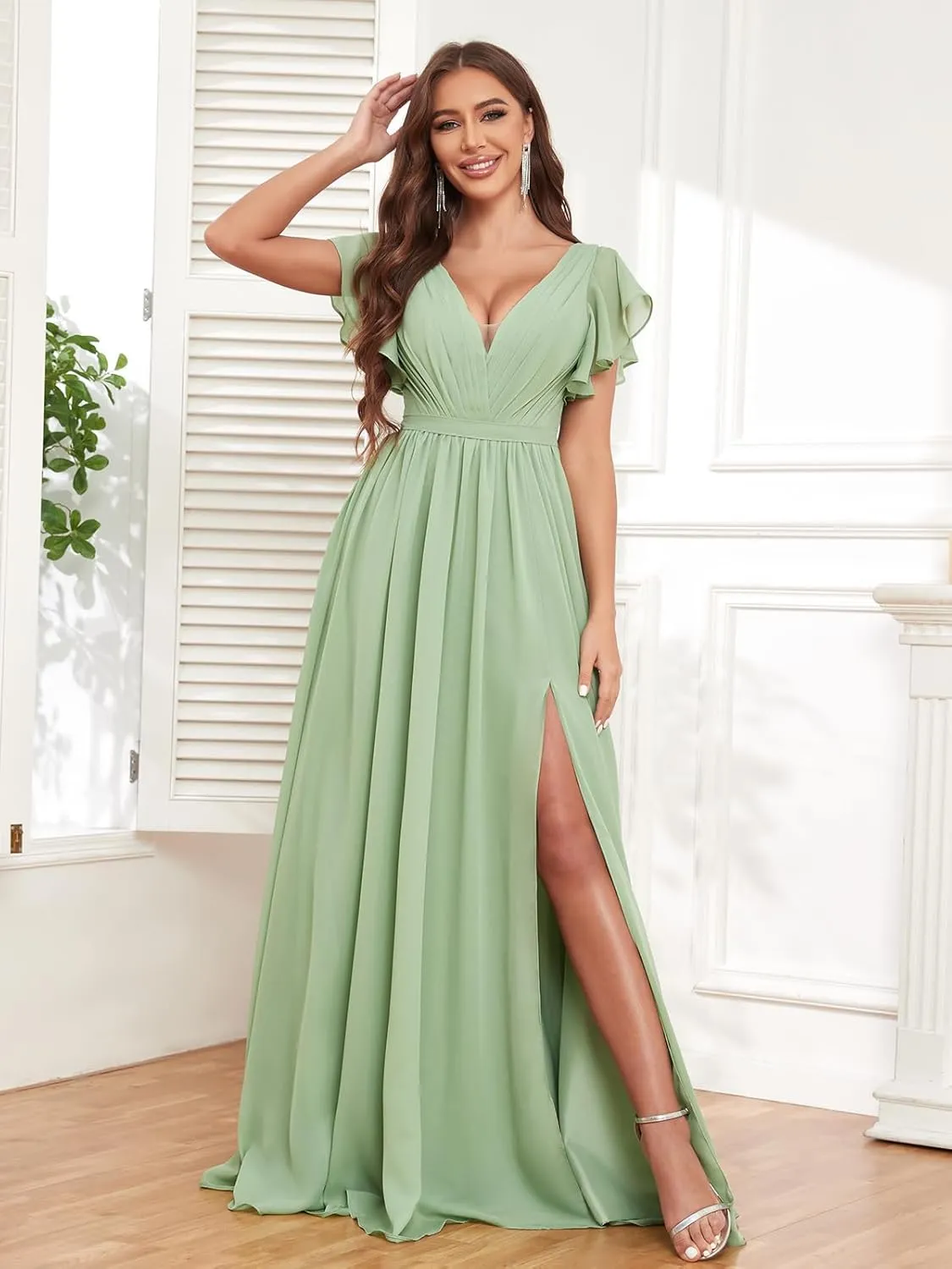 Bridesmaid Dresses for Women with Slit Pockets V Neck Flutter Sleeve Chiffon Wedding Long Formal Evening Gown Dresses