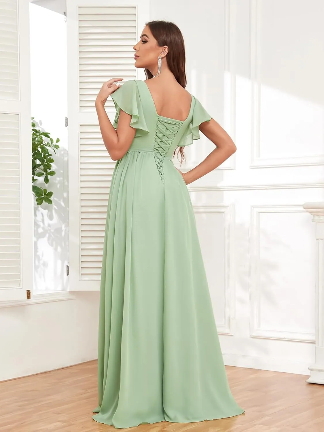 Bridesmaid Dresses for Women with Slit Pockets V Neck Flutter Sleeve Chiffon Wedding Long Formal Evening Gown Dresses