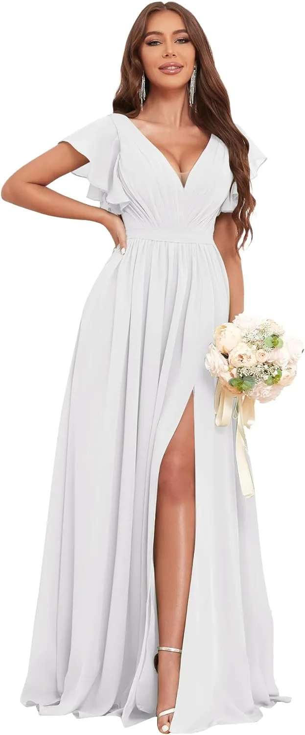 Bridesmaid Dresses for Women with Slit Pockets V Neck Flutter Sleeve Chiffon Wedding Long Formal Evening Gown Dresses